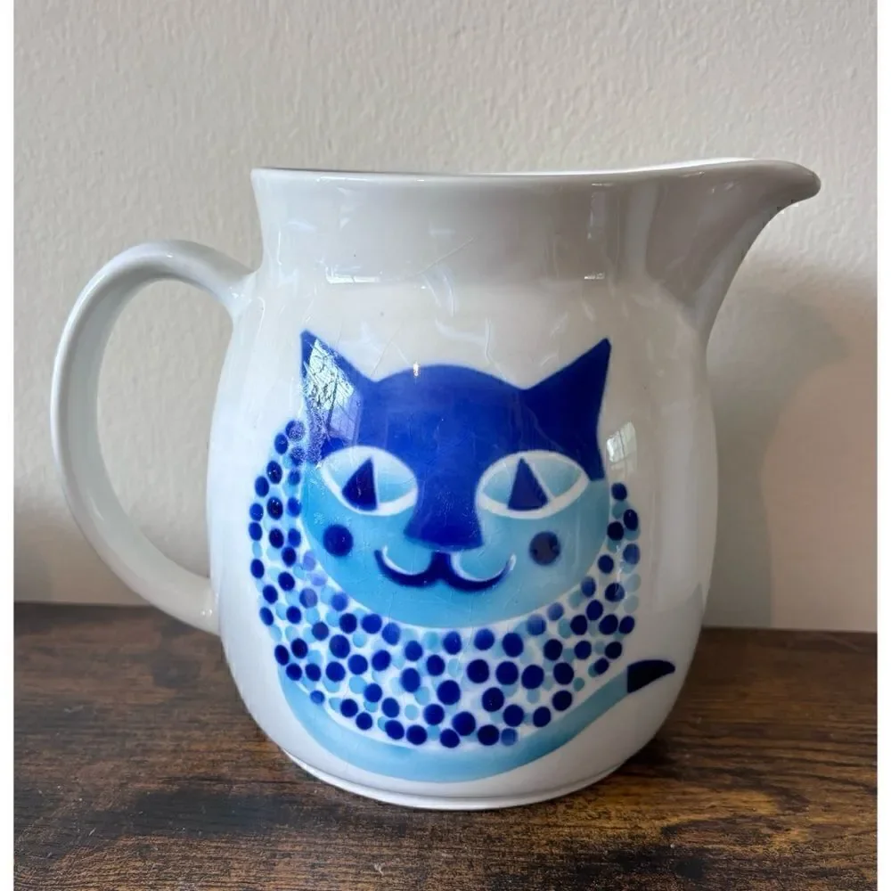 Vintage KAJ FRANCK ARABIA Finland Blue Cat Pottery Pitcher